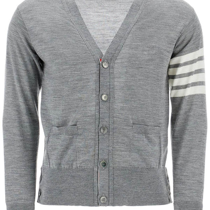 Thom Browne men's cardigan in pale grey merino wool with 4 white stripes