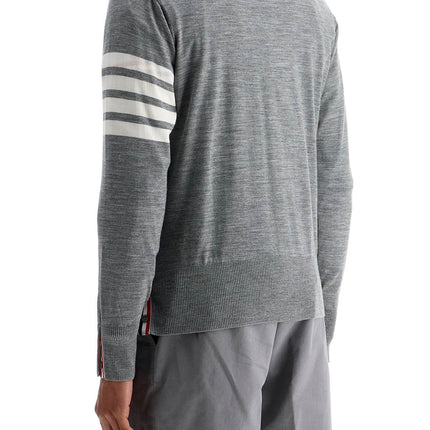 Thom Browne men's cardigan in pale grey merino wool with 4 white stripes