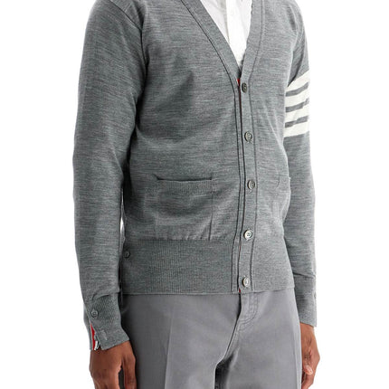 Thom Browne men's cardigan in pale grey merino wool with 4 white stripes