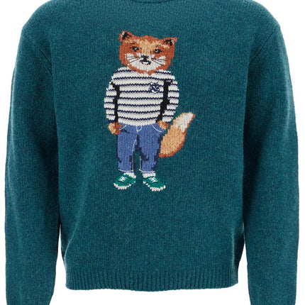 Maison Kitsune green wool sweater with fox intarsia