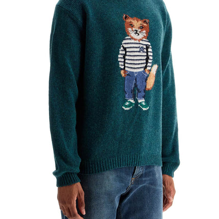 Maison Kitsune green wool sweater with fox intarsia