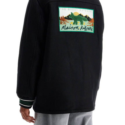 Maison Kitsune black wool varsity jacket with embroidery