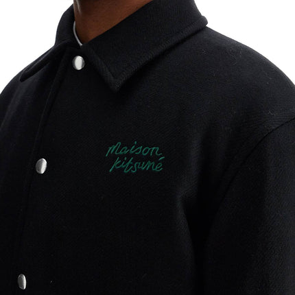 Maison Kitsune black wool varsity jacket with embroidery