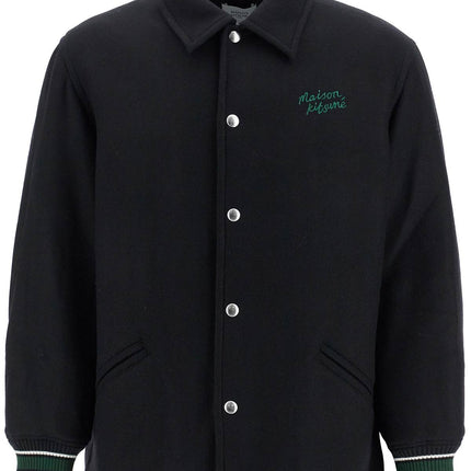 Maison Kitsune black wool varsity jacket with embroidery