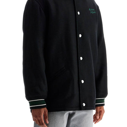 Maison Kitsune black wool varsity jacket with embroidery