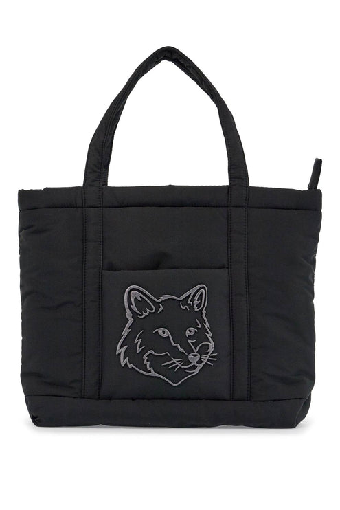 Maison Kitsune borsa tote in poliammide nera media con ricamo volpe