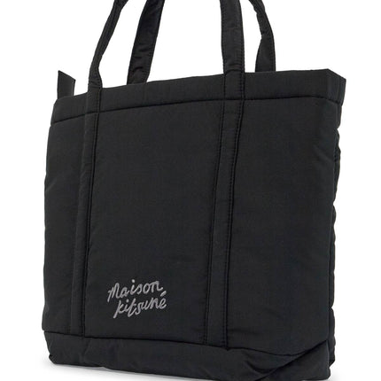 Maison Kitsune borsa tote in poliammide nera media con ricamo volpe