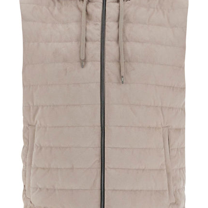 HERNO sleeveless down jacket in dove gray polyester with quilted hood