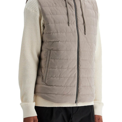 HERNO sleeveless down jacket in dove gray polyester with quilted hood