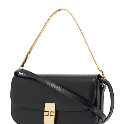 A.P.C. elegant black leather clutch with shoulder strap and gold chain