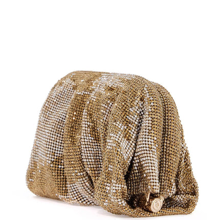 Benedetta Bruzziches compact bag in sparkling gold rhinestone mesh with hook closure