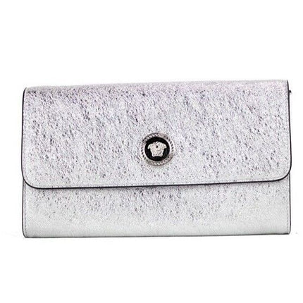 Medusa Clutch Crossbody Wallet Bag Pequeña Piel de Cordero Plateada Metalizada