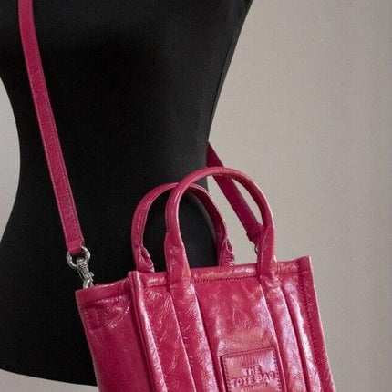 The Shiny Crinkle Mini Tote Magenta Leather Crossbody Handbag Purse