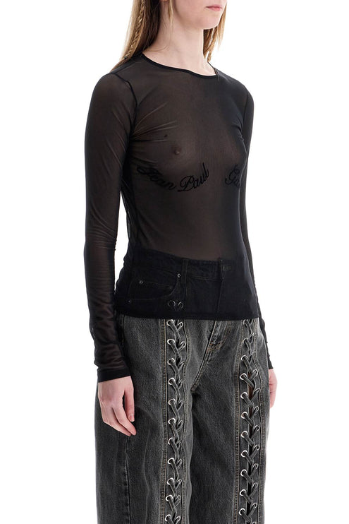 JEAN PAUL GAULTIER top in mesh velluto nero logato