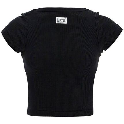 JEAN PAUL GAULTIER black cropped cotton ribbed t-shirt with logo