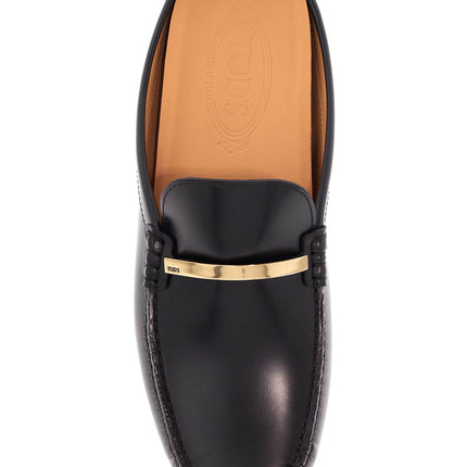 Tod'S black calfskin slip-on loafers with metallic strap and rubber sole