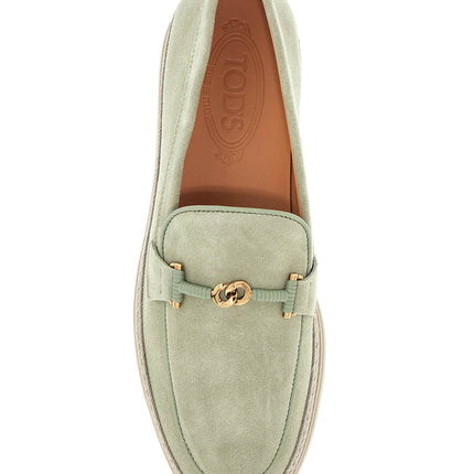 Tod'S oil green calfskin loafers with leather sole and gold detail